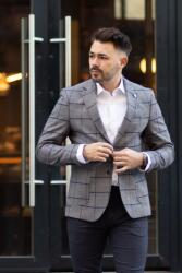 Elite Fashion Szürke kék kockás slim fit sportzakó - 56 ( xl )