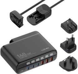 LDNIO GAN gyorstöltő 6 féle kimenettel, kikapcsolható kijelzővel, USB-C kábellel, hosszabbítóval és 3 cserélhető fejjel utazáshoz, 140W