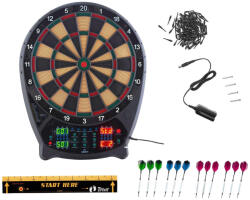Crivit FS elektromos darts tábla 4 db világító LED kijelzővel, 3x4 dart szettel, hálózati adapterrel 100 pótheggyel (fekete-sárga) (Crivit_elektromos_Darts_tabla_fekete-sarga)