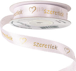 Valex Decor Szeretlek" arany feliratos, szívecskés szatén szalag 16mm x 20m - Fehér (HR16-04)