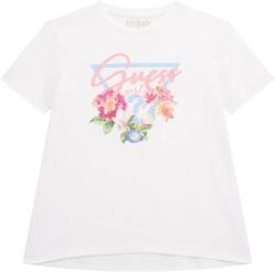 GUESS Тениска с къс ръкав за момиче в бяло с цветя и розов надпис Guess