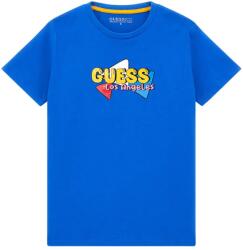 GUESS Синя тениска с къс ръкав за момче с малък цветен надпис Guess на лицевата част