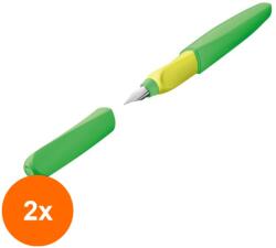 Pelikan Set 2 x Stilou Twist Verde Neon, cu Grip Ergonomic, 2 Rezerve Albastre, Blister (REH-2xHRZ-807302)