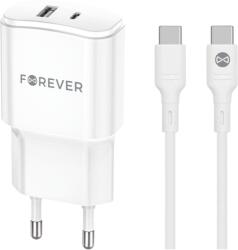 Forever Forever TC-01-20AC PD QC töltő 1x USB-C 1x USB 20W fehér + USB-C - USB-C kábel 20W