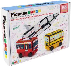 PicassoTiles Constructor magnetic 3 în 1 Picasso Tiles - Rachetă, tren și autobuz, 64 piese (PT64)