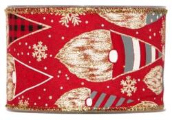  Díszkötöző szalag Manóval textil 63mmx10m piros, arany drótos szélű (4092 08)
