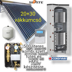 Cordivari Napkollektor rendszer fűtés és HMV készítésre: 50 csöves kollektor + 3 hőcserélős 500 literes Cordivari puffertároló + nagy teljesítményű szivattyú állomás + vezérlés + tágulási tartály (SZETT_500_ECO