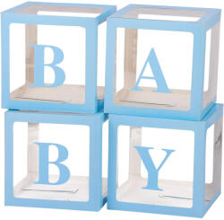 Flippy Set 4 Cutii pentru Baloane, Flippy, Model Scris Baby, Tematica Iubire, Cuburi Decorative din Plastic, Accesorii pentru Petrecere, 30 x30 cm, Transparente Contur Albastru (teo-130378)