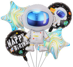 Flippy Set 5 baloane din folie metalizata, Model Astronaut, Adeziv si pai incluse, 78x45cm, Albastru deschis (teo-127302)