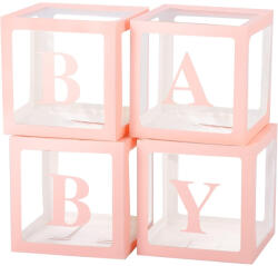 Flippy Set 4 Cutii pentru Baloane, Flippy, Model Scris Baby, Tematica Iubire, Cuburi Decorative din Plastic, Accesorii pentru Petrecere, 30 x30 cm, Transparente Contur Roz (teo-130375)
