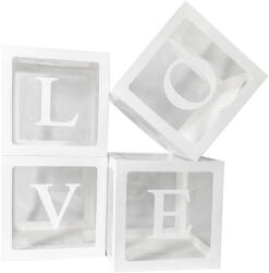 Flippy Set 4 Cutii pentru Baloane, Flippy, Model Scris Love, Tematica Iubire, Cuburi Decorative din Plastic, Accesorii pentru Petrecere, 30 x30 cm, Transparente Contur Alb (teo-130376)