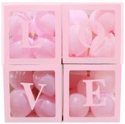Flippy Set 4 Cutii pentru Baloane, Flippy, Model Scris Love, Tematica Iubire, Cuburi Decorative din Plastic, Accesorii pentru Petrecere, 30 x30 cm, Transparente Contur Roz (teo-130377)