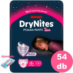 Huggies DryNites 13+ éves lány, 6x9 db - 2 HAVI pelenkacsomag + AJÁNDÉK Pure törlőkendő