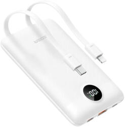 VEGER C11 power bank - 10000mAh - 2x beépített kábelek, LED töltésjelző, 3x gyorstöltő kimenet (22, 5 Watt) - fehér