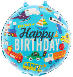 PartyPal Járművek, kék, Happy Birthday, fólia lufi, 18"/45cm
