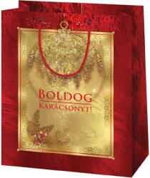 Cardex Boldog Karácsonyt feliratos arany-piros színű közepes méretű exkluzív ajándéktáska 18x10x23 cm 44441