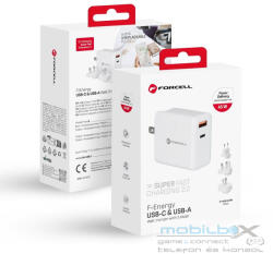 Forcell F-ENERGY TFK-TC-45WPDAC travel charger 3in1 Type C + USB A PD QC4.0 3A 45W with replaceable plugs (EU / UK / US) white