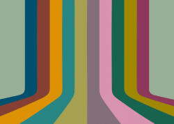 Alul görbülő párhuzamos színsávokból álló retro hangulatú vintage design mélykék terrakotta okkersárga és sokszínű tónus falpanel (FLX7-007)
