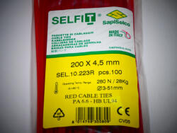 SapiSelco Piros gyorskötöző 200x4, 5 mm - piros kábelkötegelő (100db/csomag) SapiSelco SELFIT COLOR [SEL. 10.223R]