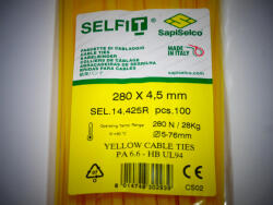 SapiSelco Sárga gyorskötöző 280x4, 5 mm - sárga kábelkötegelő (100db/csomag) SapiSelco SELFIT COLOR [SEL. 14.425R]
