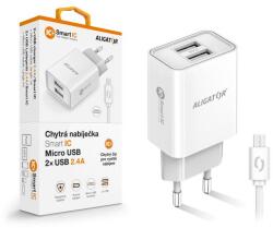 ALIGATOR 2.4A intelligens hálózati töltő, 2xUSB, intelligens IC, fehér, micro USB kábel (CHA0041)