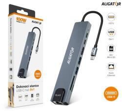 ALIGATOR USB-C / Hub 8v1 dokkolóállomás (USB-C / 2xUSB / SD / MicroSD / HDTV / RJ45) (AHUB001)
