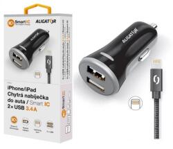 ALIGATOR 3.4A, 2xUSB, intelligens IC, fekete, USB kábel iPhone/iPadhez/iPadhez (CHS0007)