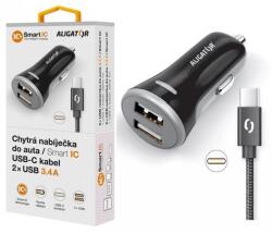ALIGATOR intelligens autós töltő 3.4A, 2xUSB, intelligens IC, fekete, USB-C kábellel (CHS0008)