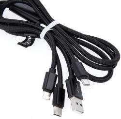 Maxlife 3 az 1-ben Adat- és töltőkábel (Micro USB / Type C / Lightning) nejlon borítású gyorstöltés-kompatibilis 2.1A fekete