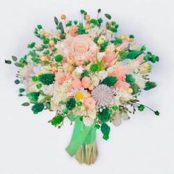 Eventissimi® Buchet mediu personalizabil cu trandafir criogenat si flori naturale uscate alb-somon-verde (BF-212)
