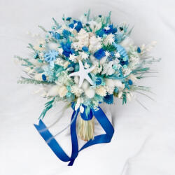 Eventissimi® Buchet cu scoici si alte elemente marine , personalizabil, ideal pentru cununie civila, nunta, mireasa, nasa sau cadou, alb-albastru (BF-210)