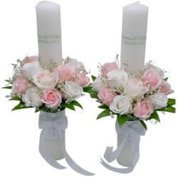 Eventissimi® Set nunta, 2 lumanari personalizabile cu nume si data decorate cu flori din foita de sapun, 40 cm (Alb-roze) (SET-069)