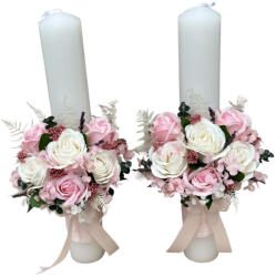Eventissimi® Set nunta, 2 lumanari personalizabile cu nume si data decorate cu flori din foita de sapun si flori stabilizate 40 cm (Multicolor) (SET-050)
