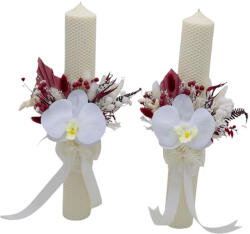 Eventissimi® Set lumanari fagure personalizabile, alb-grena, pentru nunta cu aranjament frontal cu orhidee real touch si plante naturale uscate, 40 cm (SET-059)