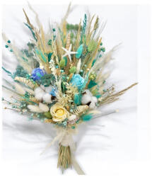 Eventissimi® Buchet evantai cu mix de flori naturale uscate, trandafiri si bumbac , alb-blue, ideal pentru nasa, cununie civila sau cadou (BF-229)