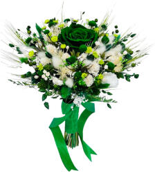 Eventissimi® Buchet mediu personalizabil cu trandafir criogenat si flori naturale uscate alb - verde smarald (BF-214)