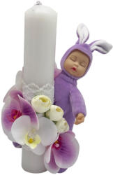 Eventissimi® Lumanare Botez EVENTISSIMI - Orhidee si bujori cu Somnoros din plus, 30 cm, Alb Mov (LN-041)