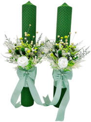 Eventissimi® Set lumanari fagure, cu aranjament alb-verde, pentru cununie 42 cm, cu flori criogenate si plante naturale uscate (personalizabil cromatic si cu text) (SET-081)