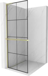 Mexen Kioto+ L, Walk-In zuhany paraván polccal és akasztóval 80 x 200 cm, 8 mm átlátszó üveg fekete mintás, arany matt profil, 800-080-123-55-77 (800-080-123-55-77)