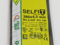 SapiSelco Kábelkötegelő, 280x4, 5 Fekete Gyorskötöző - ERŐS, tartós SapiSelco SELFIT iparilag is minősített kötegelő 100db/csomag [SEL. 3.425]