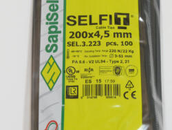 SapiSelco Gyorskötöző, 200x4, 5 fekete kábelkötegelő - ERŐS, tartós, iparilag is minősített kötegelő - SapiSelco SELFIT - 100 db/csomag [SEL. 3.223]