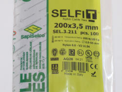 SapiSelco Kábelkötegelő, 200x3, 5 Fekete Gyorskötöző - ERŐS, tartós SapiSelco SELFIT iparilag is minősített kötegelő 100db/csomag [SEL. 3.211]