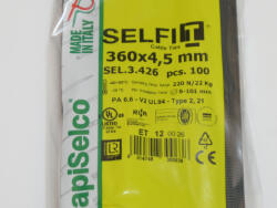 SapiSelco Gyorskötöző 360x4, 5 Fekete ERŐS, tartós Kábelkötegelő (100db) iparilag is minősített SapiSelco SELFIT típusú kötegelő