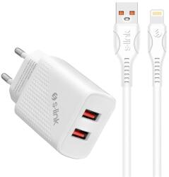 S-Link Hálózati töltő SL-EC50L (2db USB, 5V/3A, 12W, Gyorstöltés, Lightning, 100cm adat+töltőkábel, fehér) (35311) (35311)