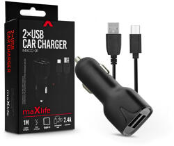 Maxlife 2xUSB szivargyújtó töltő adapter + USB - Type-C kábel 1 m-es vezetékkel - 12W - Maxlife MXCC-01 Type-C 2xUSB Car Fast Charger - fekete - nextelshop