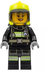 LEGO® cty1357- LEGO minifigura női tűzoltó, fekete tűzoltóruhában reflektív csíkokkal, neon sárga tűzoltósisakban, napellenzővel (cty1357)