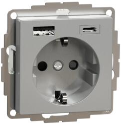 Schneider Electric MTN2367-0460 MERTEN 2P+F aljzat, GYV, kettős USB töltővel, rugós bekötés, 16A / 3A, A+C, alumínium (MTN2367-0460)