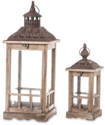 ART-POL Barna vintage üvegezett fa 2db-os mécsestartó karácsonyi lámpás lantern szett fém tetővel 60x23x23 / 40x15x15cm (74244)