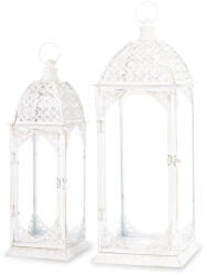 ART-POL Vintage fehér szögletes 2db-os áttört fém lámpás lantern szett fogantyúval 50x17x17 / 62x22x22cm (176322)