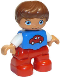 LEGO® Minifigurák Duplo Figure Lego Ville, Child Boy, Red Legs, Blue Top with Red Car Pattern, Reddish Brown Hair 47205pb031 (47205pb031)